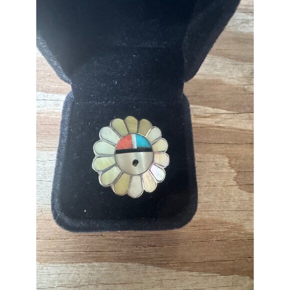 Vintage Zuni Inlay Turquoise Coral Sunface Sterling Silver Ring - Picture 2 of 10